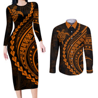 Polynesian Pride Couples Matching Long Sleeve Bodycon Dress and Long Sleeve Button Shirts Turtle Hibiscus Luxury Style - Orange LT7 - Wonder Print Shop