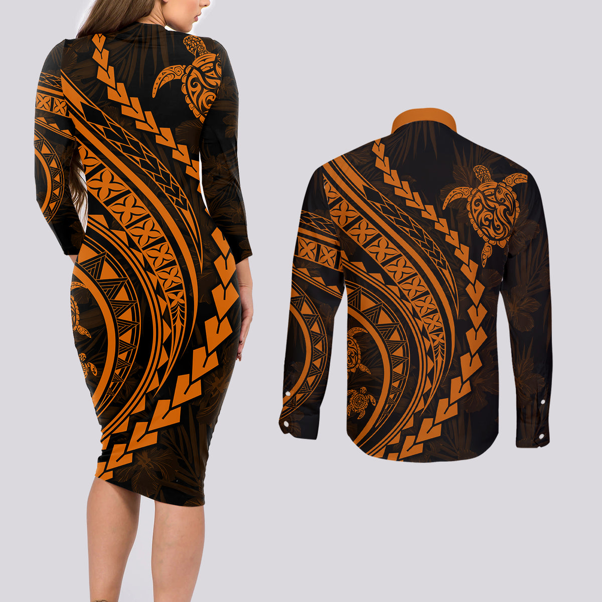 Polynesian Pride Couples Matching Long Sleeve Bodycon Dress and Long Sleeve Button Shirts Turtle Hibiscus Luxury Style - Orange LT7 - Wonder Print Shop