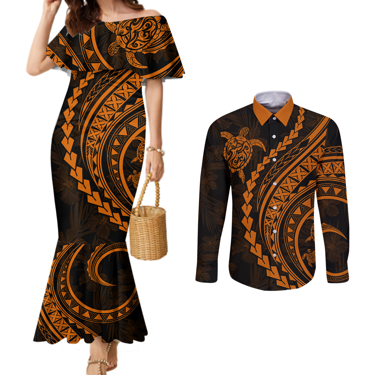 polynesian-pride-couples-matching-mermaid-dress-and-long-sleeve-button-shirts-turtle-hibiscus-luxury-style-orange