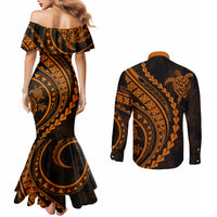 polynesian-pride-couples-matching-mermaid-dress-and-long-sleeve-button-shirts-turtle-hibiscus-luxury-style-orange