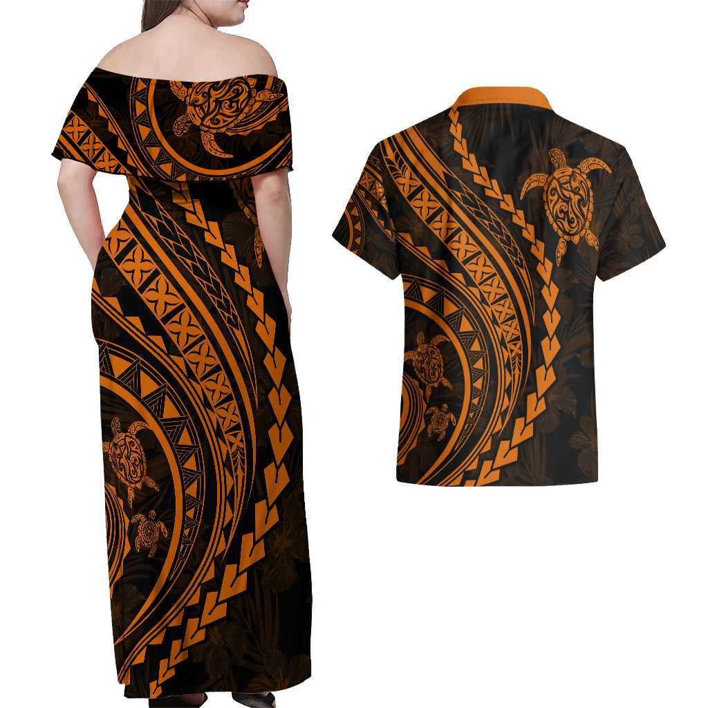 Polynesian Pride Couples Matching Off Shoulder Maxi Dress and Hawaiian Shirt Turtle Hibiscus Luxury Style - Orange LT7 - Wonder Print Shop