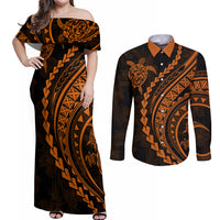 Polynesian Pride Couples Matching Off Shoulder Maxi Dress and Long Sleeve Button Shirts Turtle Hibiscus Luxury Style - Orange LT7 - Wonder Print Shop