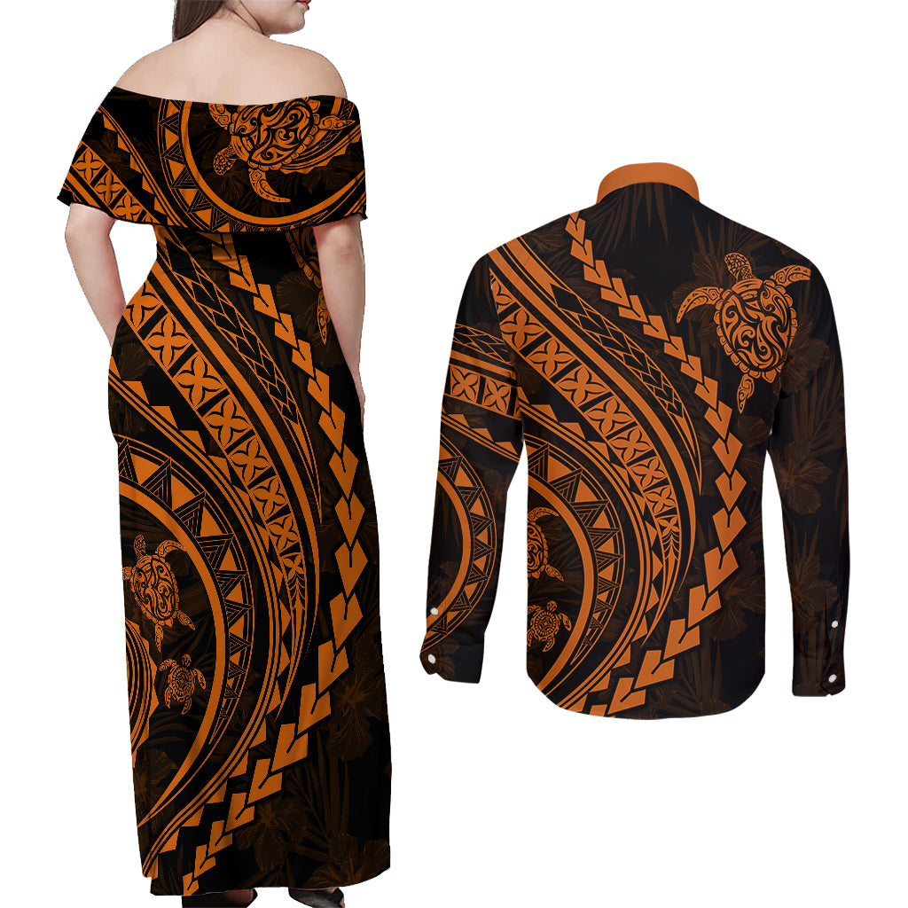 Polynesian Pride Couples Matching Off Shoulder Maxi Dress and Long Sleeve Button Shirts Turtle Hibiscus Luxury Style - Orange LT7 - Wonder Print Shop