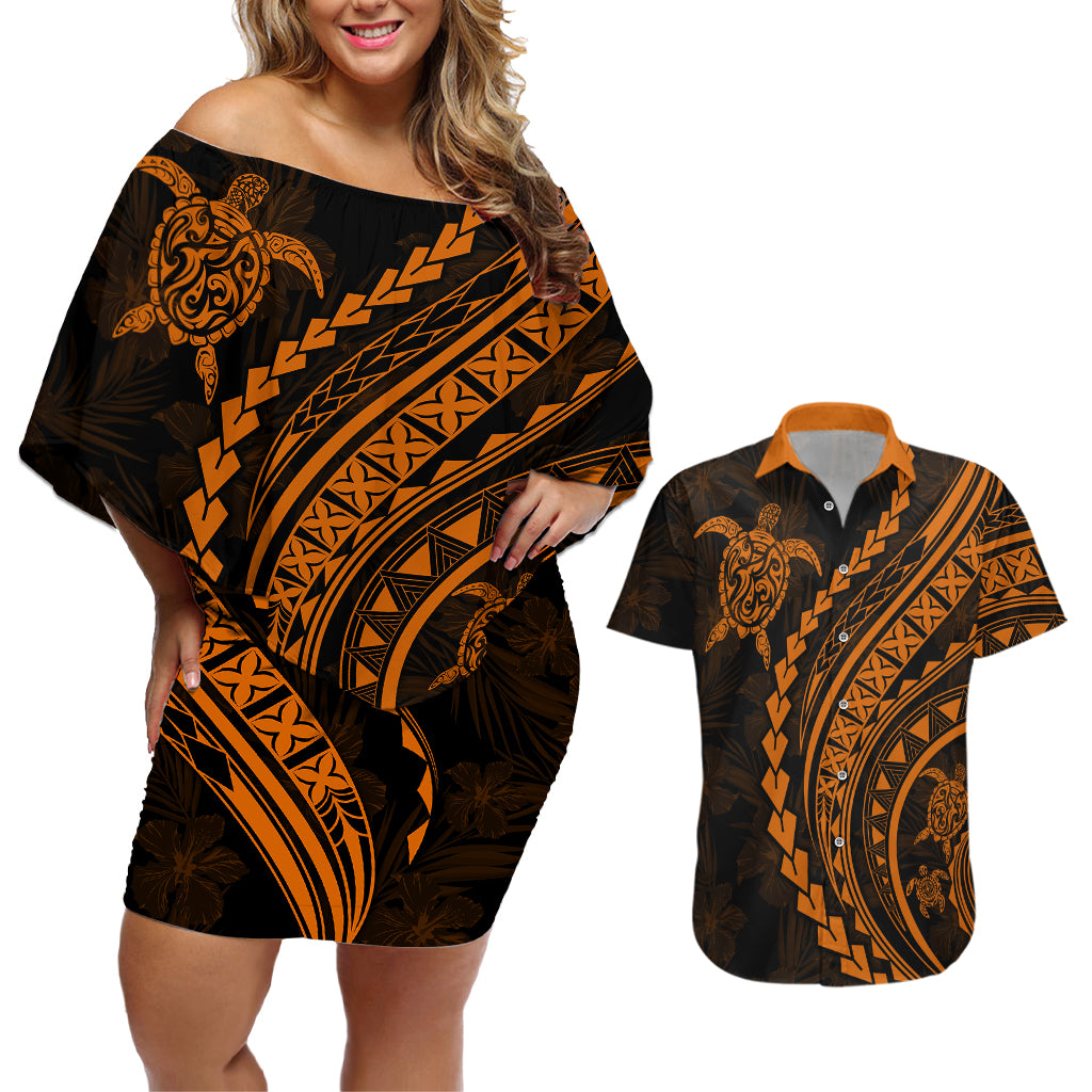 Polynesian Pride Couples Matching Off Shoulder Short Dress and Hawaiian Shirt Turtle Hibiscus Luxury Style - Orange LT7 - Wonder Print Shop