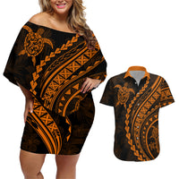 Polynesian Pride Couples Matching Off Shoulder Short Dress and Hawaiian Shirt Turtle Hibiscus Luxury Style - Orange LT7 - Wonder Print Shop