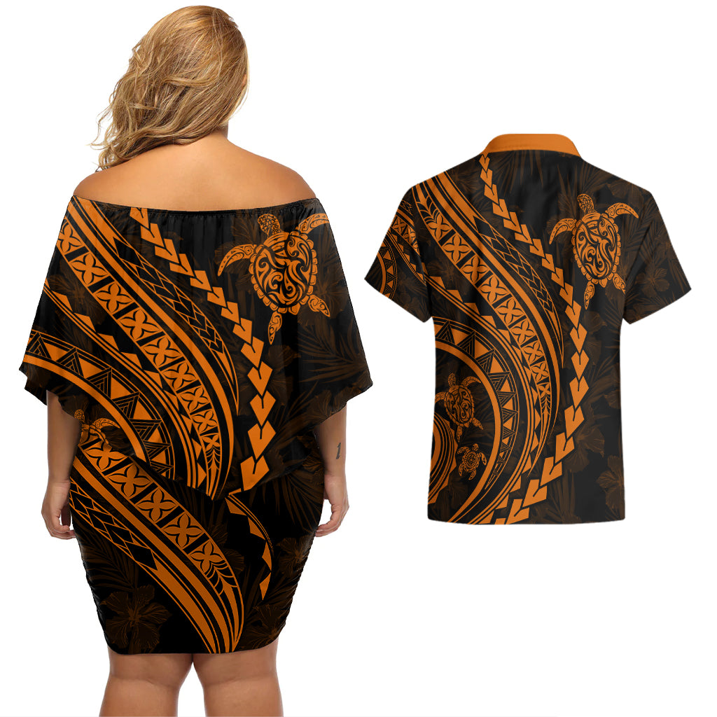Polynesian Pride Couples Matching Off Shoulder Short Dress and Hawaiian Shirt Turtle Hibiscus Luxury Style - Orange LT7 - Wonder Print Shop