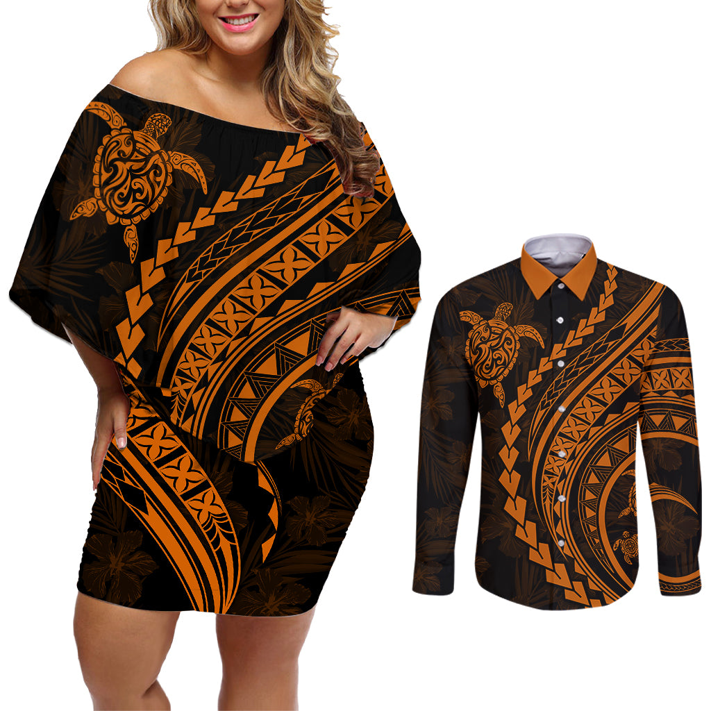 Polynesian Pride Couples Matching Off Shoulder Short Dress and Long Sleeve Button Shirts Turtle Hibiscus Luxury Style - Orange LT7 - Wonder Print Shop