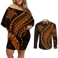 Polynesian Pride Couples Matching Off Shoulder Short Dress and Long Sleeve Button Shirts Turtle Hibiscus Luxury Style - Orange LT7 - Wonder Print Shop