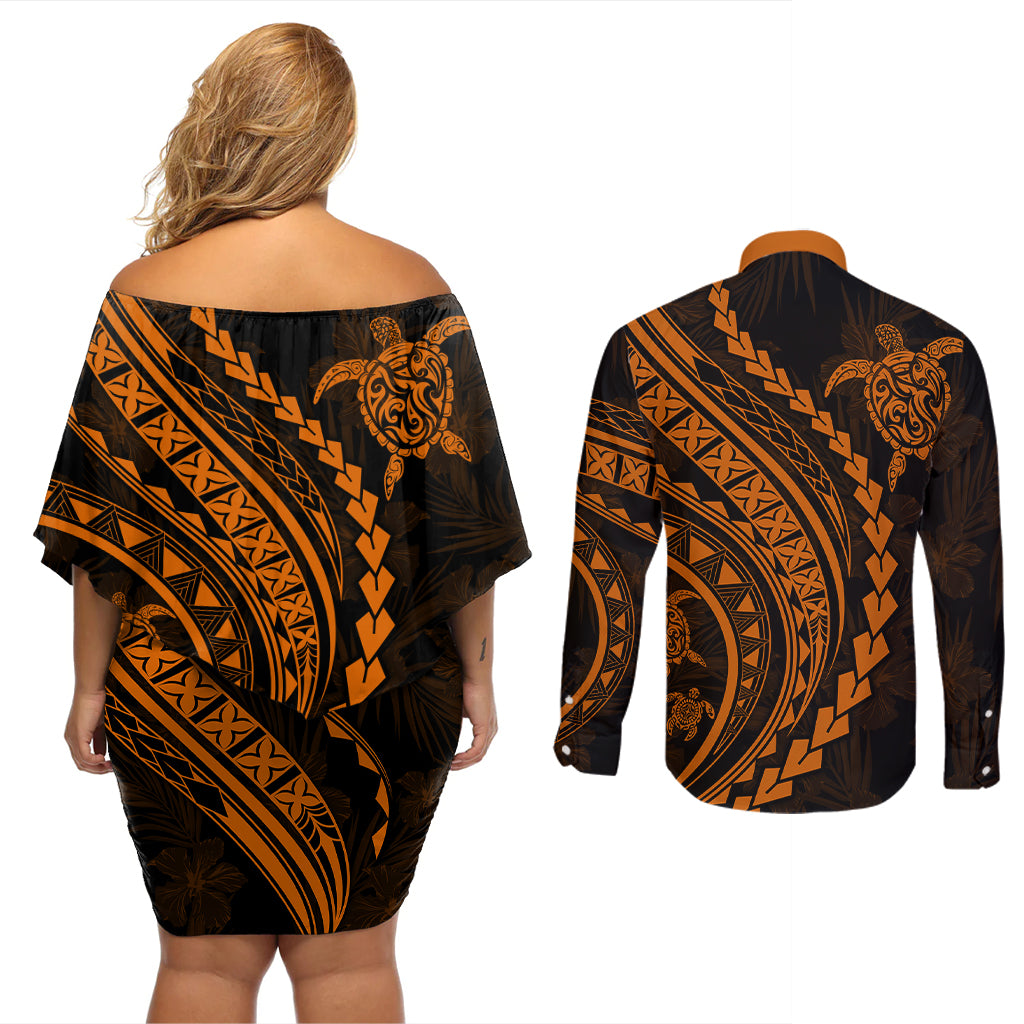 Polynesian Pride Couples Matching Off Shoulder Short Dress and Long Sleeve Button Shirts Turtle Hibiscus Luxury Style - Orange LT7 - Wonder Print Shop