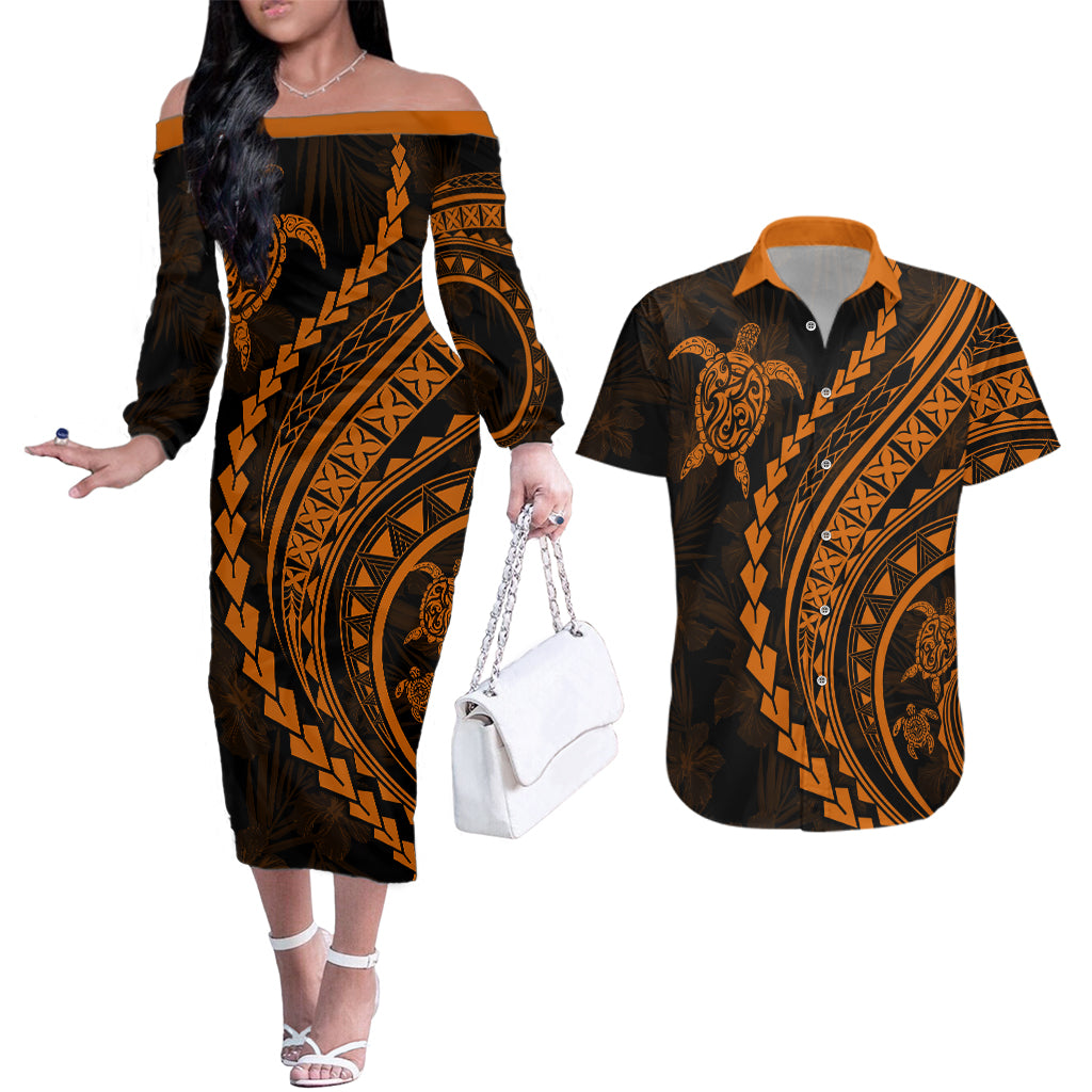 Polynesian Pride Couples Matching Off The Shoulder Long Sleeve Dress and Hawaiian Shirt Turtle Hibiscus Luxury Style - Orange LT7 - Wonder Print Shop