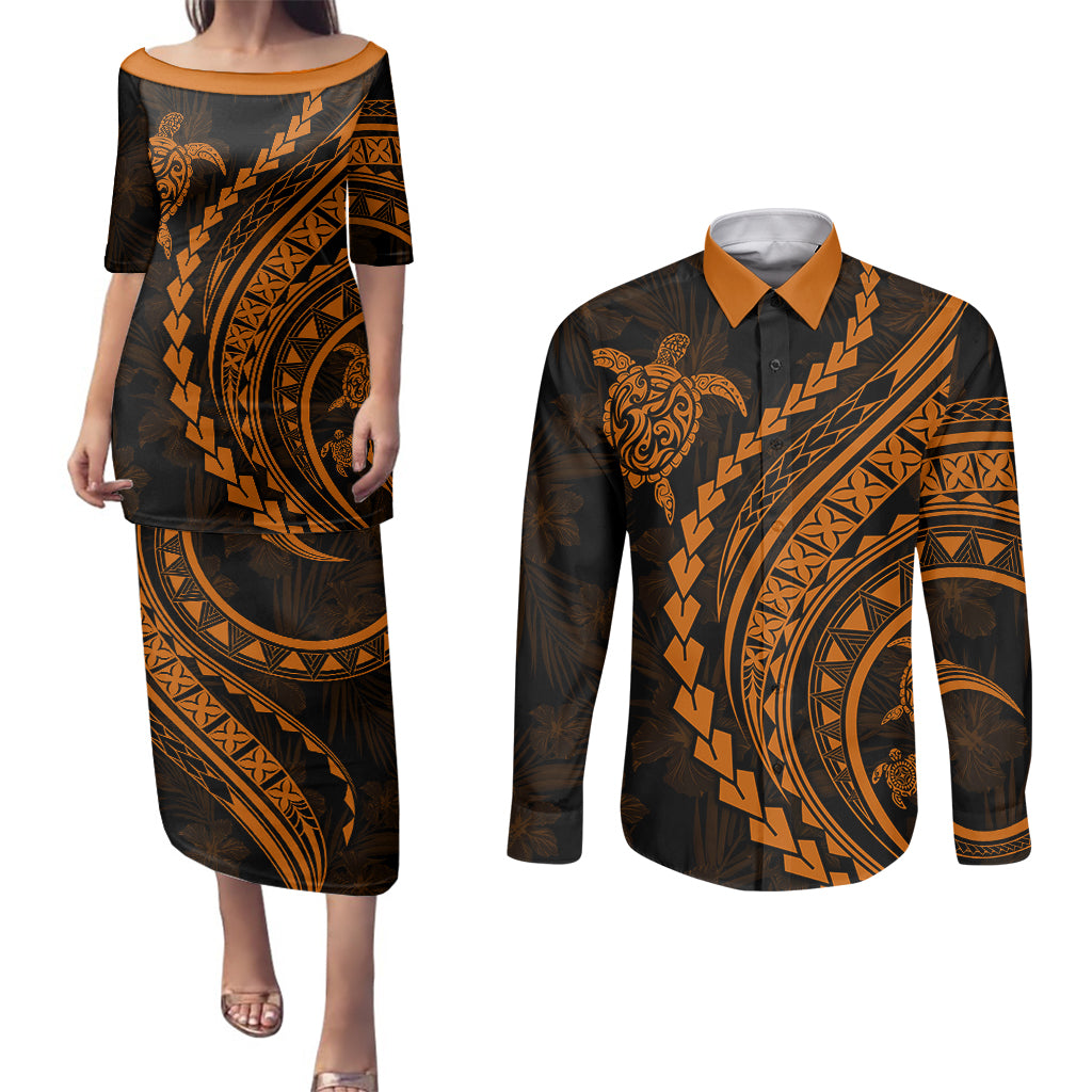 Polynesian Pride Couples Matching Puletasi Dress and Long Sleeve Button Shirts Turtle Hibiscus Luxury Style - Orange LT7 - Wonder Print Shop