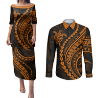 Polynesian Pride Couples Matching Puletasi Dress and Long Sleeve Button Shirts Turtle Hibiscus Luxury Style - Orange LT7 - Wonder Print Shop