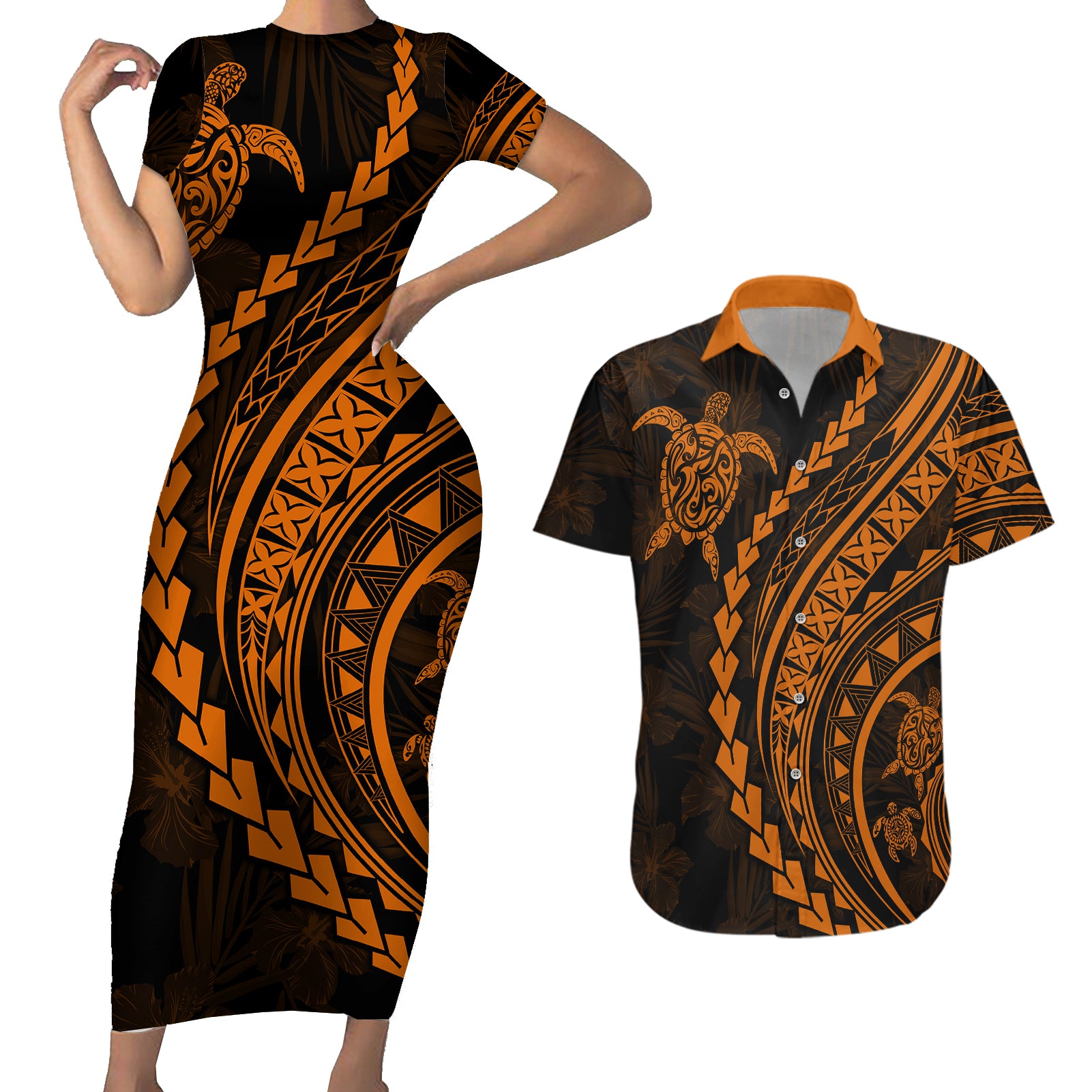 Polynesian Pride Couples Matching Short Sleeve Bodycon Dress and Hawaiian Shirt Turtle Hibiscus Luxury Style - Orange LT7 - Wonder Print Shop