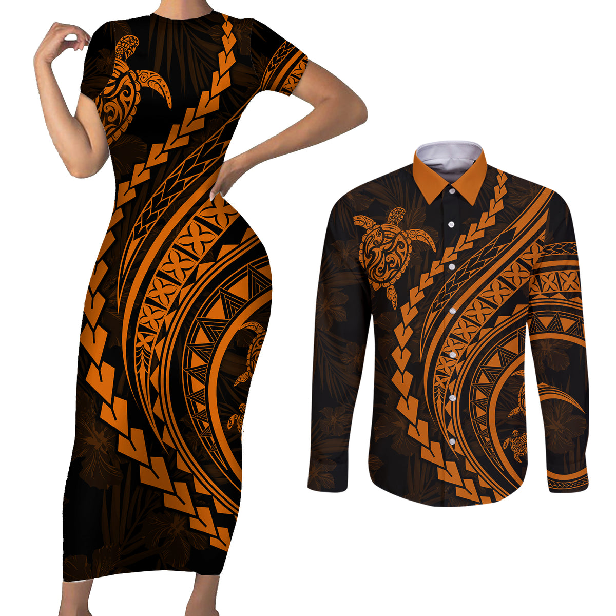 Polynesian Pride Couples Matching Short Sleeve Bodycon Dress and Long Sleeve Button Shirts Turtle Hibiscus Luxury Style - Orange LT7 - Wonder Print Shop