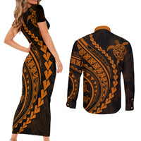 Polynesian Pride Couples Matching Short Sleeve Bodycon Dress and Long Sleeve Button Shirts Turtle Hibiscus Luxury Style - Orange LT7 - Wonder Print Shop