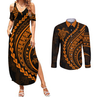 Polynesian Pride Couples Matching Summer Maxi Dress and Long Sleeve Button Shirts Turtle Hibiscus Luxury Style - Orange LT7 - Wonder Print Shop