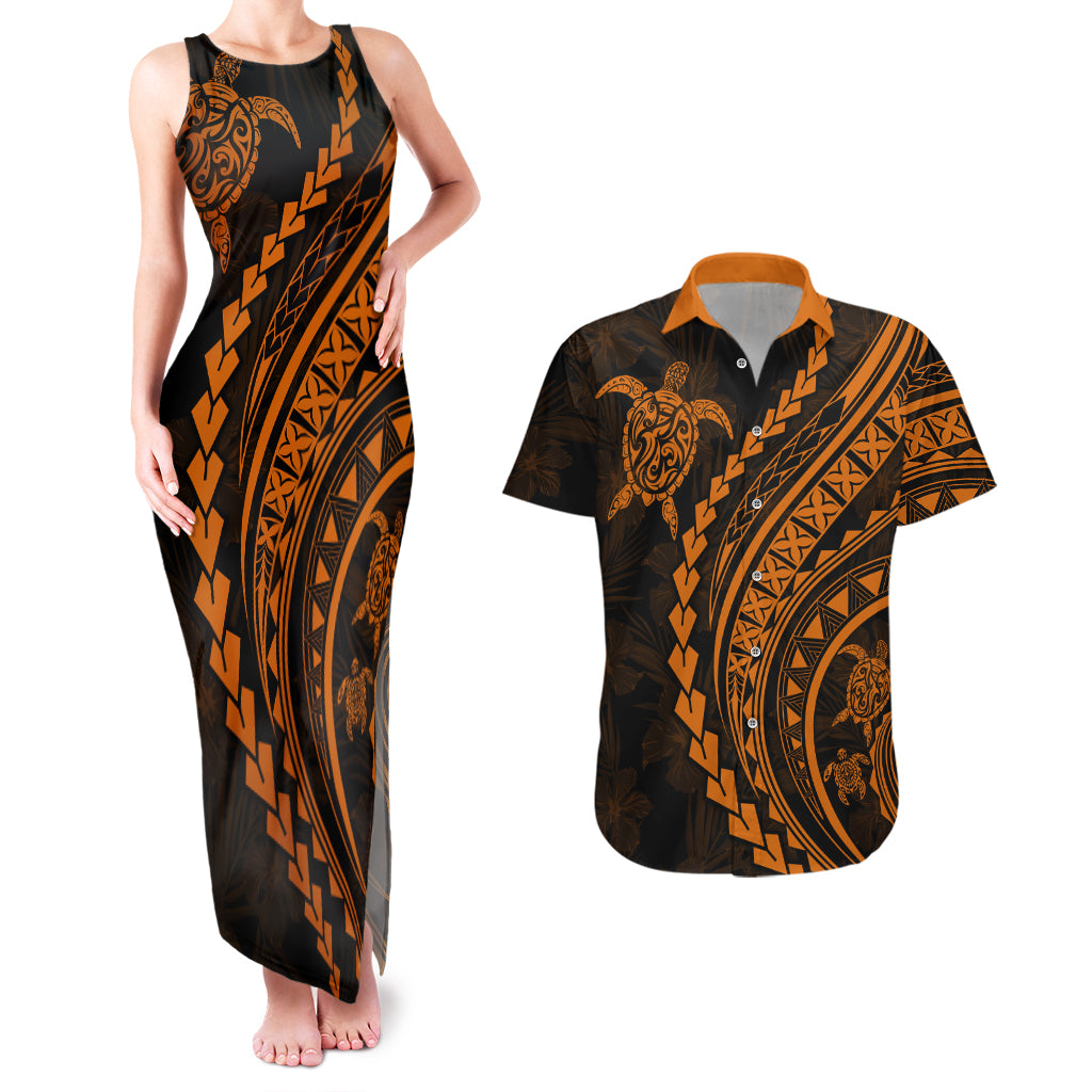 Polynesian Pride Couples Matching Tank Maxi Dress and Hawaiian Shirt Turtle Hibiscus Luxury Style - Orange LT7 - Wonder Print Shop