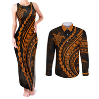 Polynesian Pride Couples Matching Tank Maxi Dress and Long Sleeve Button Shirts Turtle Hibiscus Luxury Style - Orange LT7 - Wonder Print Shop