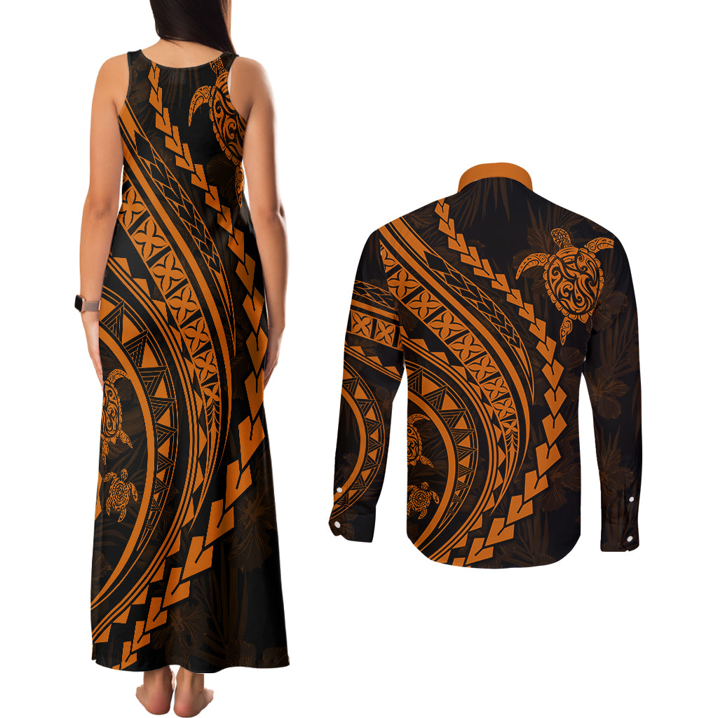 Polynesian Pride Couples Matching Tank Maxi Dress and Long Sleeve Button Shirts Turtle Hibiscus Luxury Style - Orange LT7 - Wonder Print Shop