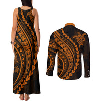 Polynesian Pride Couples Matching Tank Maxi Dress and Long Sleeve Button Shirts Turtle Hibiscus Luxury Style - Orange LT7 - Wonder Print Shop