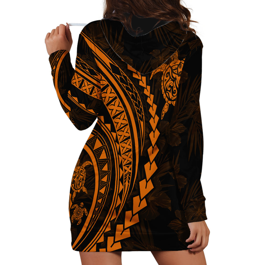 Polynesian Pride Hoodie Dress Turtle Hibiscus Luxury Style - Orange - Wonder Print Shop