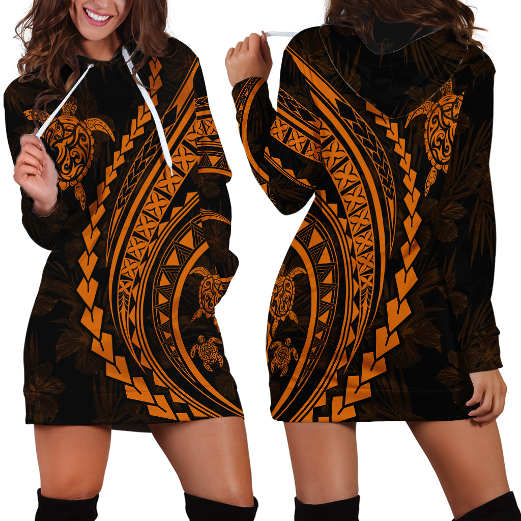 Polynesian Pride Hoodie Dress Turtle Hibiscus Luxury Style - Orange - Wonder Print Shop