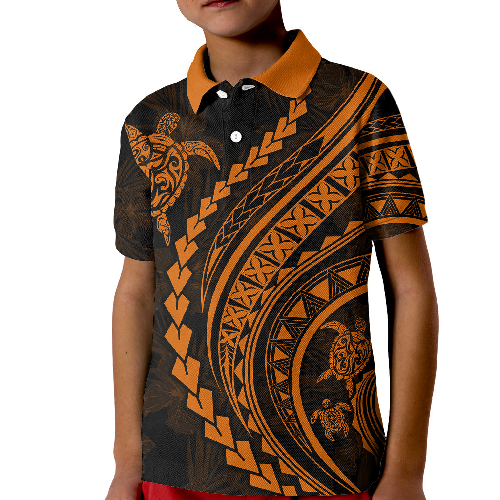 Polynesian Pride Kid Polo Shirt Turtle Hibiscus Luxury Style - Orange - Wonder Print Shop