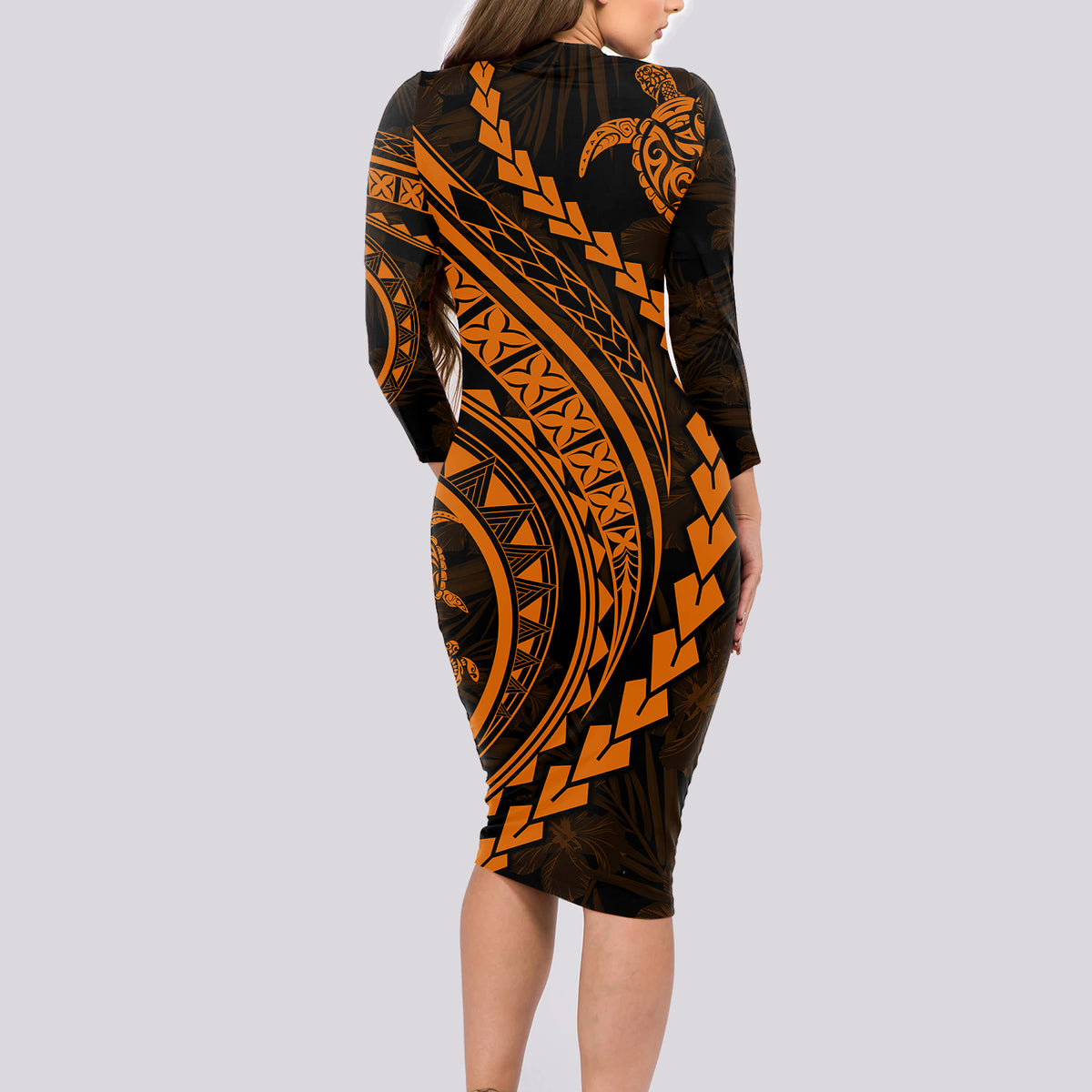 Polynesian Pride Long Sleeve Bodycon Dress Turtle Hibiscus Luxury Style - Orange - Wonder Print Shop