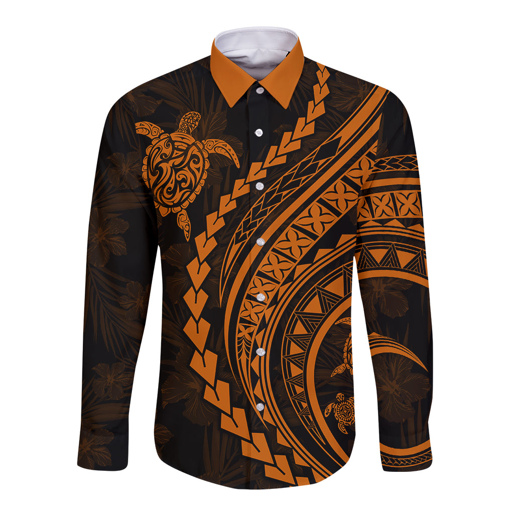 Polynesian Pride Long Sleeve Button Shirt Turtle Hibiscus Luxury Style - Orange - Wonder Print Shop