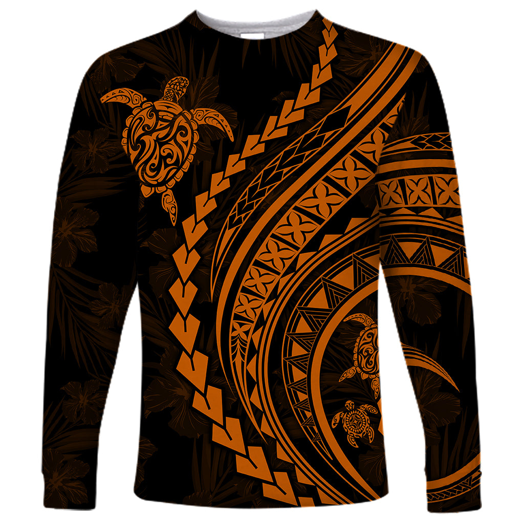 Polynesian Pride Long Sleeve Shirt Turtle Hibiscus Luxury Style - Orange - Wonder Print Shop