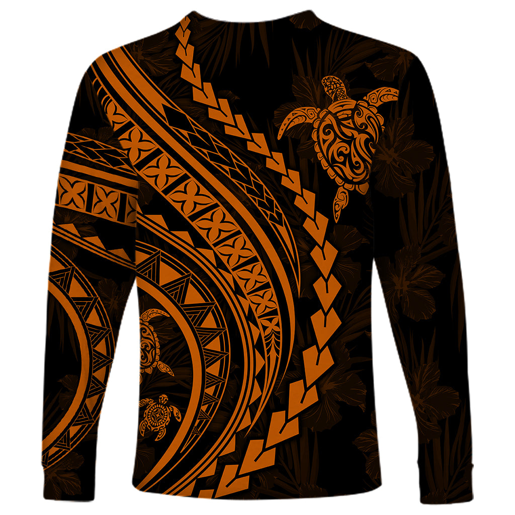 Polynesian Pride Long Sleeve Shirt Turtle Hibiscus Luxury Style - Orange - Wonder Print Shop