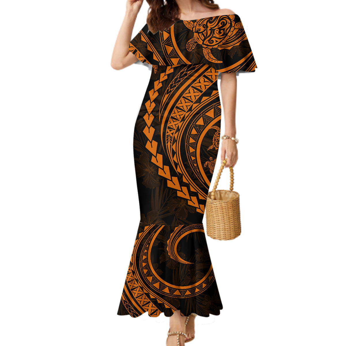 Polynesian Pride Mermaid Dress Turtle Hibiscus Luxury Style - Orange - Wonder Print Shop