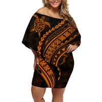 Polynesian Pride Off Shoulder Short Dress Turtle Hibiscus Luxury Style - Orange - Wonder Print Shop