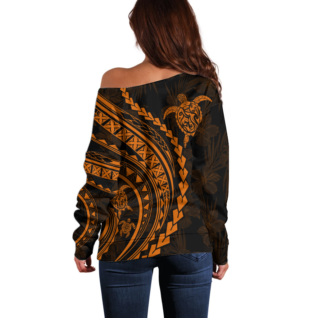 Polynesian Pride Off Shoulder Sweater Turtle Hibiscus Luxury Style - Orange - Wonder Print Shop