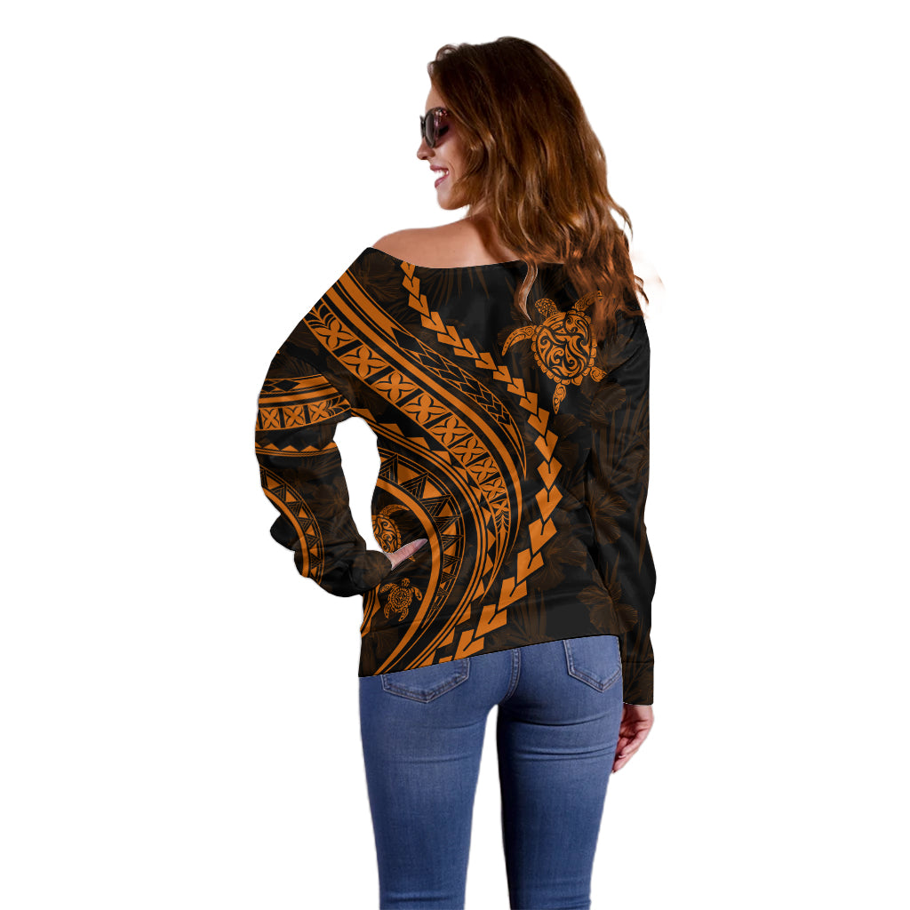 Polynesian Pride Off Shoulder Sweater Turtle Hibiscus Luxury Style - Orange - Wonder Print Shop