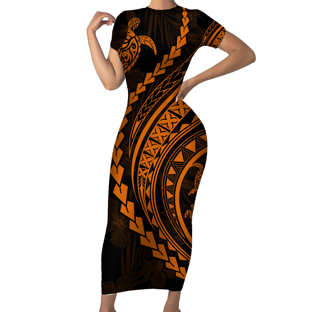 Polynesian Pride Short Sleeve Bodycon Dress Turtle Hibiscus Luxury Style - Orange - Wonder Print Shop