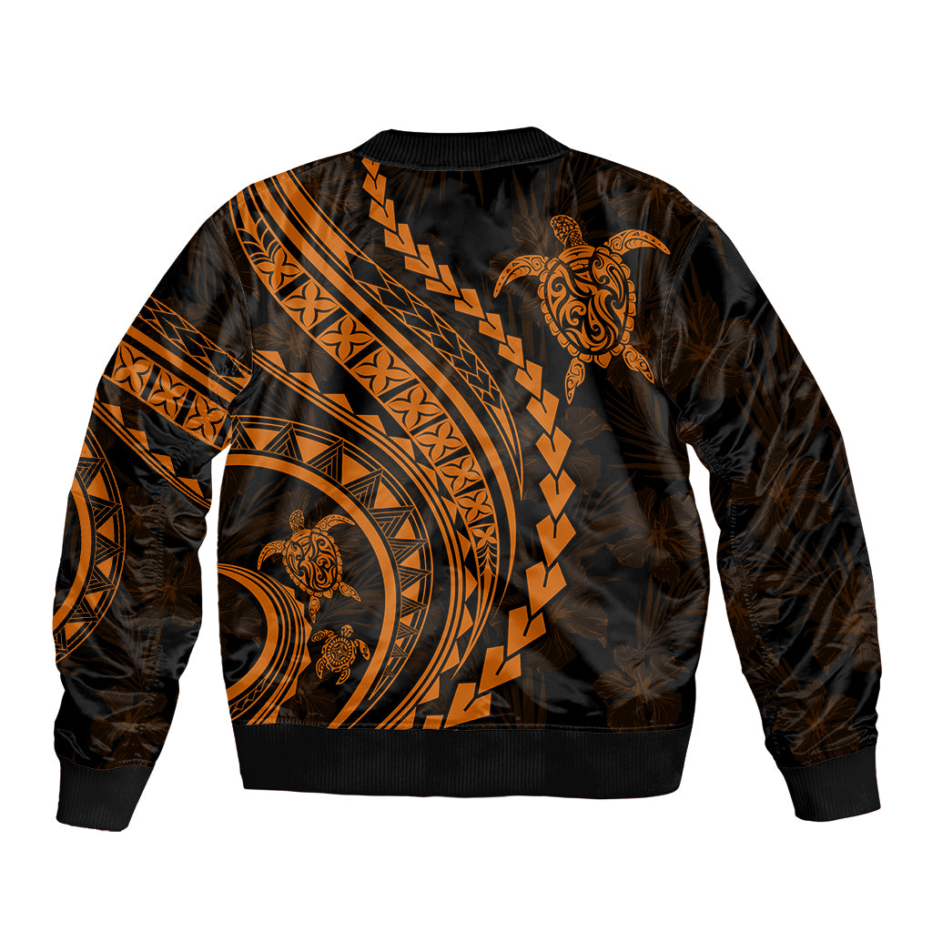 Polynesian Pride Sleeve Zip Bomber Jacket Turtle Hibiscus Luxury Style - Orange - Wonder Print Shop