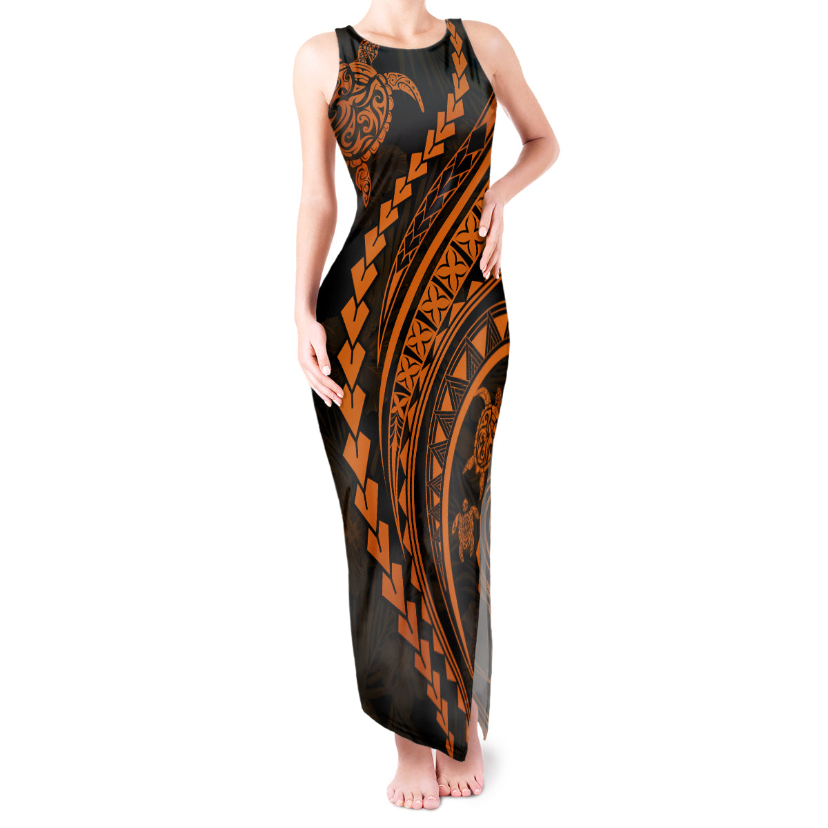 Polynesian Pride Tank Maxi Dress Turtle Hibiscus Luxury Style - Orange - Wonder Print Shop