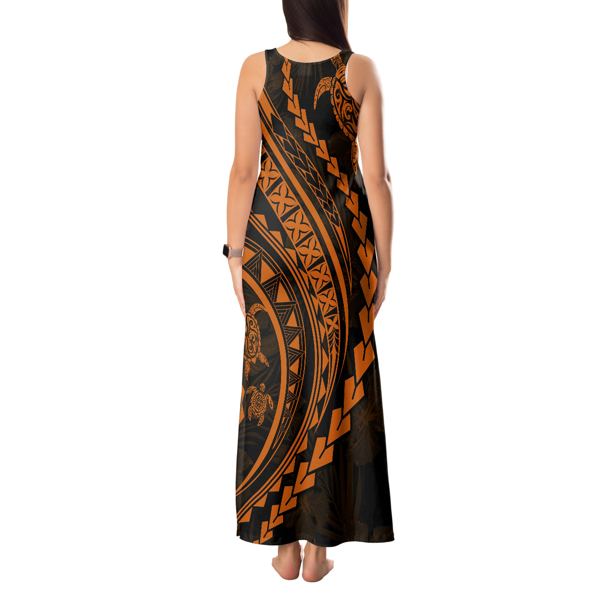 Polynesian Pride Tank Maxi Dress Turtle Hibiscus Luxury Style - Orange - Wonder Print Shop