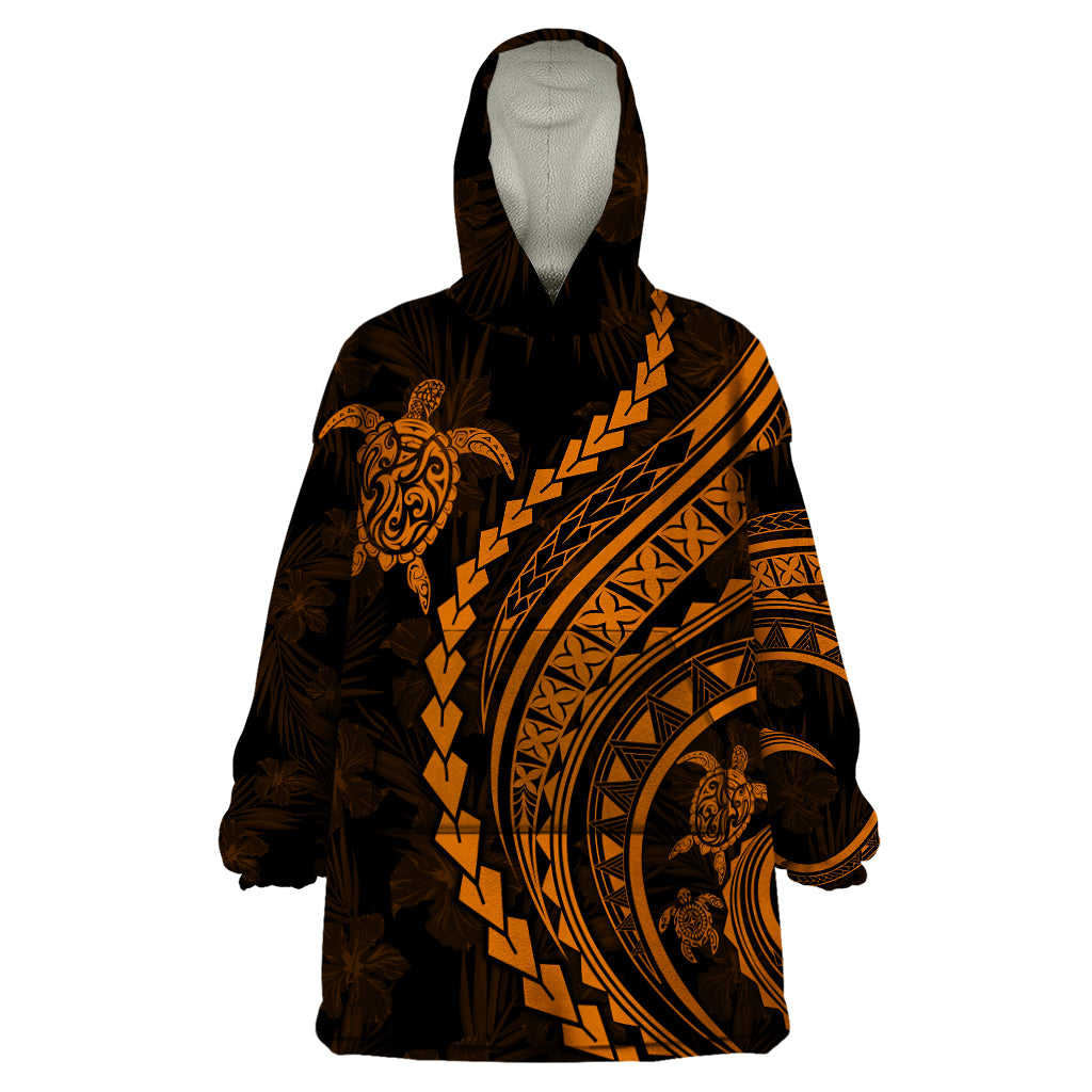 Polynesian Pride Wearable Blanket Hoodie Turtle Hibiscus Luxury Style - Orange - Wonder Print Shop