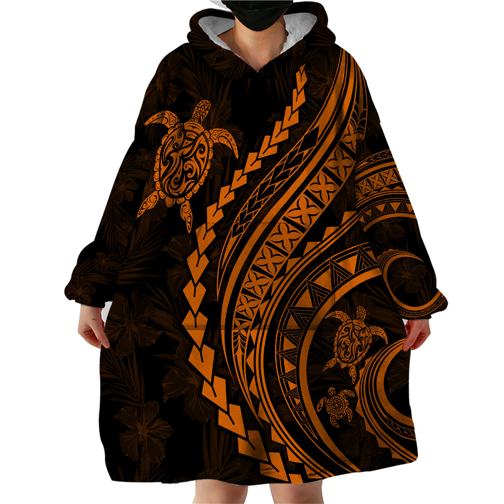 Polynesian Pride Wearable Blanket Hoodie Turtle Hibiscus Luxury Style - Orange - Wonder Print Shop