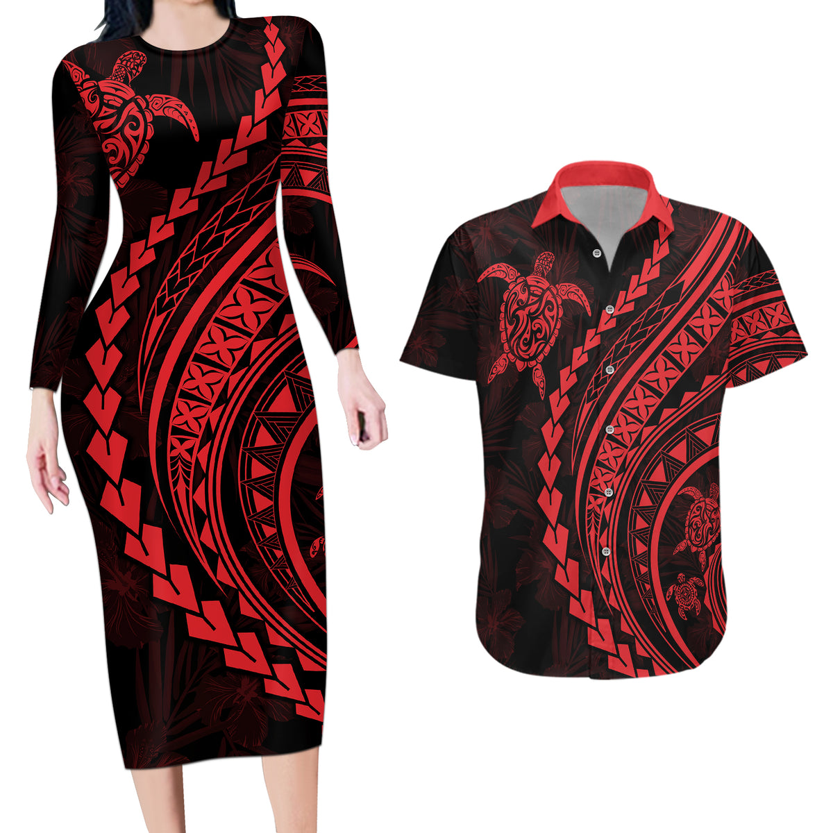 Polynesian Pride Couples Matching Long Sleeve Bodycon Dress and Hawaiian Shirt Turtle Hibiscus Luxury Style - Rose LT7 - Wonder Print Shop