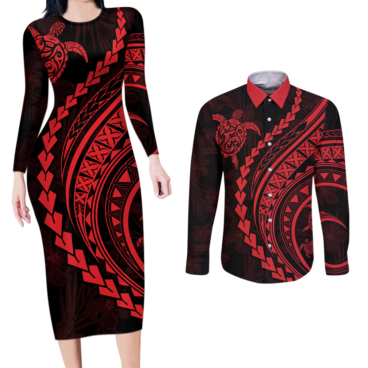 Polynesian Pride Couples Matching Long Sleeve Bodycon Dress and Long Sleeve Button Shirts Turtle Hibiscus Luxury Style - Rose LT7 - Wonder Print Shop