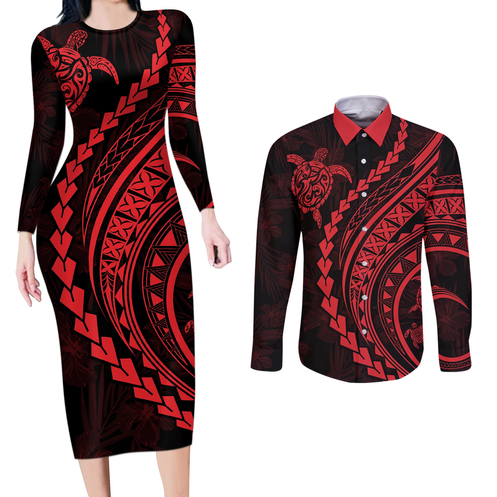 Polynesian Pride Couples Matching Long Sleeve Bodycon Dress and Long Sleeve Button Shirts Turtle Hibiscus Luxury Style - Rose LT7 - Wonder Print Shop
