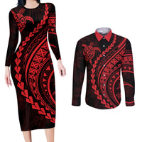 Polynesian Pride Couples Matching Long Sleeve Bodycon Dress and Long Sleeve Button Shirts Turtle Hibiscus Luxury Style - Rose LT7 - Wonder Print Shop