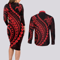 Polynesian Pride Couples Matching Long Sleeve Bodycon Dress and Long Sleeve Button Shirts Turtle Hibiscus Luxury Style - Rose LT7 - Wonder Print Shop