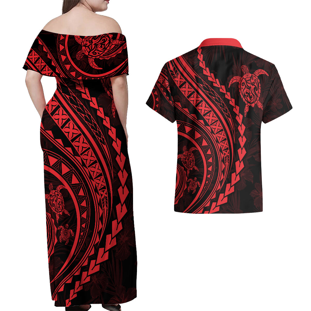 Polynesian Pride Couples Matching Off Shoulder Maxi Dress and Hawaiian Shirt Turtle Hibiscus Luxury Style - Rose LT7 - Wonder Print Shop