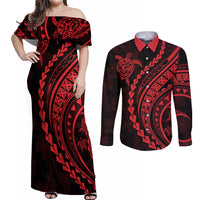 Polynesian Pride Couples Matching Off Shoulder Maxi Dress and Long Sleeve Button Shirts Turtle Hibiscus Luxury Style - Rose LT7 - Wonder Print Shop