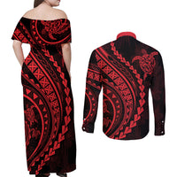 Polynesian Pride Couples Matching Off Shoulder Maxi Dress and Long Sleeve Button Shirts Turtle Hibiscus Luxury Style - Rose LT7 - Wonder Print Shop