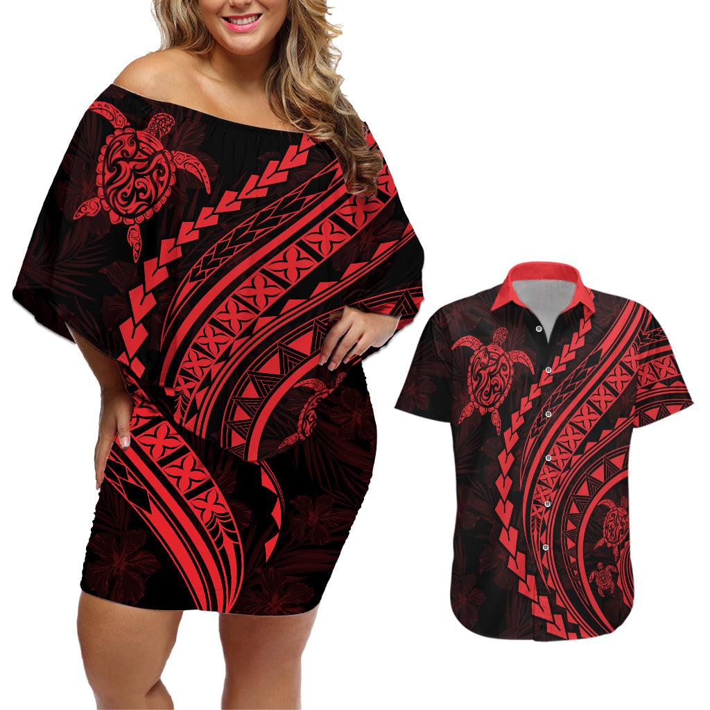 Polynesian Pride Couples Matching Off Shoulder Short Dress and Hawaiian Shirt Turtle Hibiscus Luxury Style - Rose LT7 - Wonder Print Shop